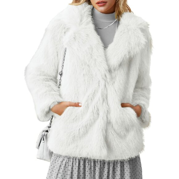 Faux Fur Jacket with Inner Lining, Snap Buttons, Pockets, Winter Warm